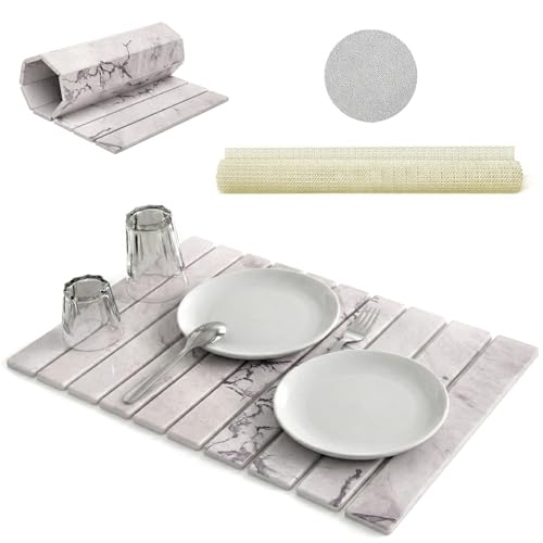 Large Stone Dish Drying Mat for Kitchen Counter 24"(L)×16"(W) – in Super Absorbent Diatomaceous Earth Drying Stone, Quick-Dry & Collapsible for Dishes, Bottles & Cups (Grey) - color: Gray