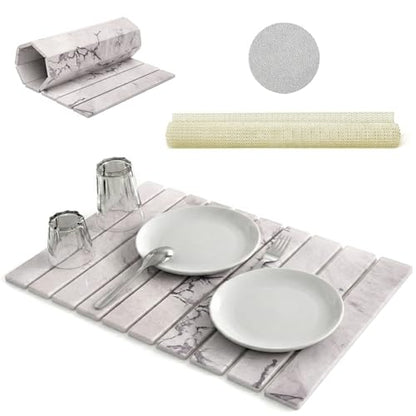 Large Stone Dish Drying Mat for Kitchen Counter 24"(L)×16"(W) – in Super Absorbent Diatomaceous Earth Drying Stone, Quick-Dry & Collapsible for Dishes, Bottles & Cups (Grey) - color: Gray
