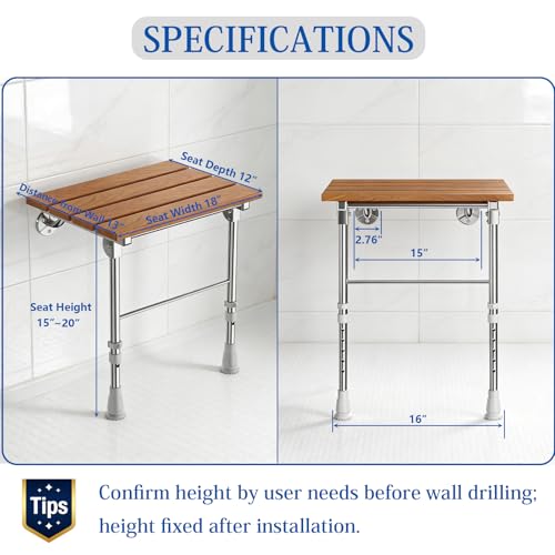 Folding Shower Seat Wall Mounted with Support Legs for Seniors, 350 lbs (Teak Wood) - color: Teak Wood