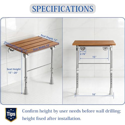 Folding Shower Seat Wall Mounted with Support Legs for Seniors, 350 lbs (Teak Wood) - color: Teak Wood