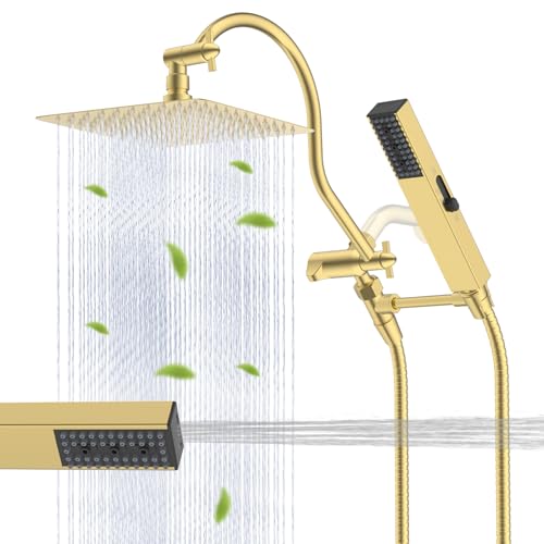 Hibbent All Metal cUPC Certified Shower Head, 10'' High Pressure Rainfall Shower Head Combo, Handheld Shower Wand, 12'' Adjustable Extension Arm, 4-Spray, 71'' Hose, Shower Holder, Brushed Gold - color: Brushed Gold, style: Square 10''