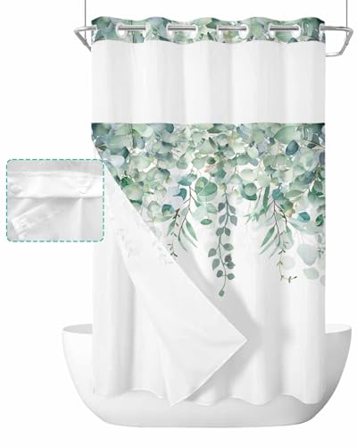 No Hook Shower Curtain and Snap in Liner Set, Green Eucalyptus Fabric Bathroom Stall Shower Curtains 36x72, See Through Mesh Top Window, Spring Summer Botanical Floral Leaves Country Hotel Style - color: Green, size: 36"W x 72"L (Pack of 1)
