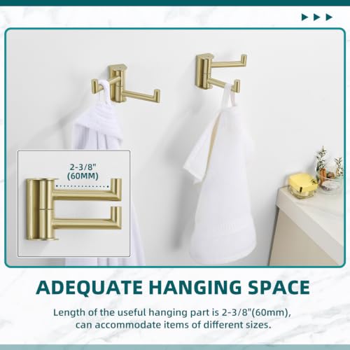 Suyar Brushed Gold Double Towel Hook, Swivel Coat Robe Holder for Bathroom | SUS304 Stainless Steel Wall Hook, Shower Bath Towel Hanger, Space-Saving Design, Wall Mounted, 2 Pack - color: Brushed Gold, size: 2 Pack