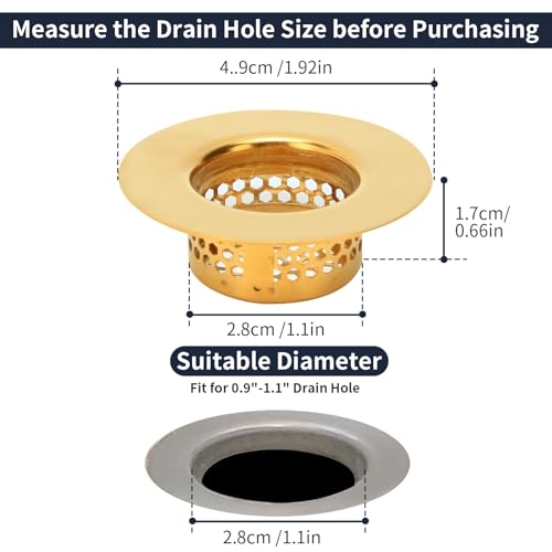 Snailhouse Bathroom Sink Strainers, 2 Pack 1.96 Inches Stainless Steel Small Utility Mesh Sink Drain Stopper Basket Cover Plug Screen, Gold