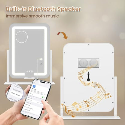 Dripex 5-in-1 Lighted Vanity Mirror with Bluetooth Speaker & Wireless Charging, 15"x12" LED Makeup Mirror with Lights 3 Colors Dimmable, Phone Holder Touch Keys 10X Magnification - color: Wireless Charging White