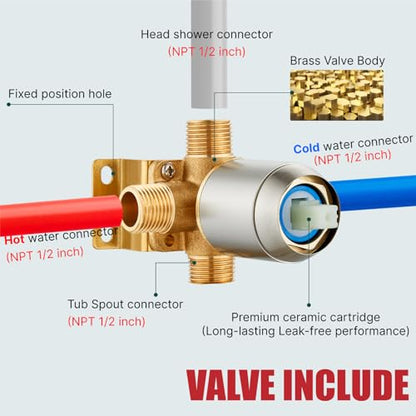 Heyalan 8-Inch Shower Faucet Set with Tub Spout and Valve,Brushed Nickel | 8-inch square rainfall head, tub spout with diverter, male-thread rough-in valve, single-handle control and wall-mount design - color: Brushed Nickel, size: 8 Inch Square Shower He