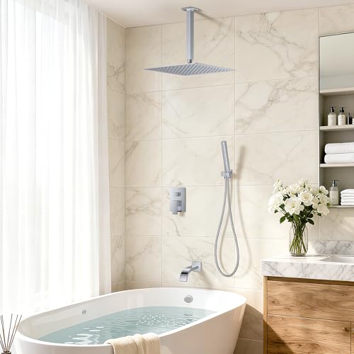 Chrome Shower System with Tub Spout, Ceiling Mounted Bathtub Shower Faucet Set, 12" Rainfall Shower Head and Handheld Shower Combo, High Pressure Shower Fixtures Set with Rough-in Valve - color: Polished Chrome, style: 12" Ceiling Mounted Shower System wi