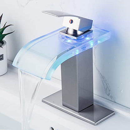 LED Bathroom Faucet, Brushed Nickel Waterfall Bathroom Sink Faucet, 1 Hole, 4 Inch Centerset, Color-Changing LED Lights - color: Brushed Nickel