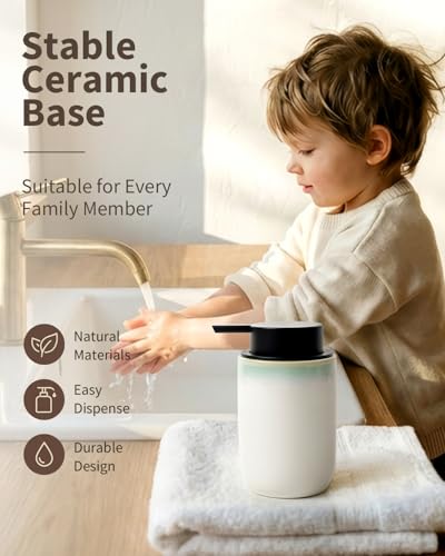 BosilunLife Hand Soap Dispenser for Kitchen, Bathroom Countertop | Foam Soap Dispenser Bathroom Ceramic Dish Liquid Soap Dispenser (White with Blue-Green Rim Liquid Pump) - color: White With Blue-green Rim