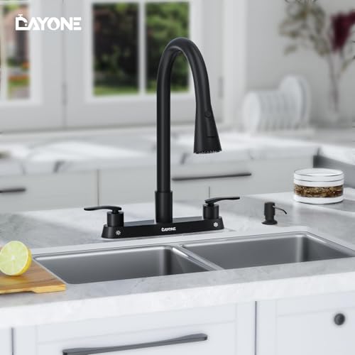 DAYONE Black 2 Handle Kitchen Faucet with Sprayer, 4 Holes Pull Down Faucets for Kitchen Sink with Soap Dispenser Stainless Steel - color: Matte Black, style: 4 Holes Pull Down