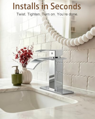 Waterfall Single Handle Bathroom Sink Faucet with Drain Chrome | Chrome Vanity Faucet with Pop-up Drain, Ceramic Valve, for 1 or 3 Hole Modern Bathrooms. - color: Chrome