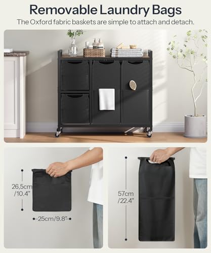 HOOBRO Laundry Sorter with 4 Section, 34 Gal. (127 L) Laundry Hamper with Wheels, Rolling Laundry Basket with Shelf, Pull-Out Detachable Bags, Side Pockets, Rustic Brown and Black BF14XY01N1 - color: Rustic Brown + Black