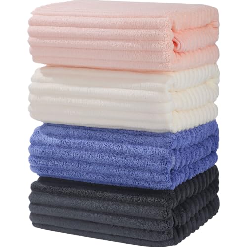 Bath Towels 4-Pack, 27.5x55 Inches - Ultra Soft and Highly Absorbent Quick Dry Microfiber Towels with Hanging Loop, Beauty Twill Stripe Design for Bath, Beach, Gym - color: Dark Grey+blue+white+pink
