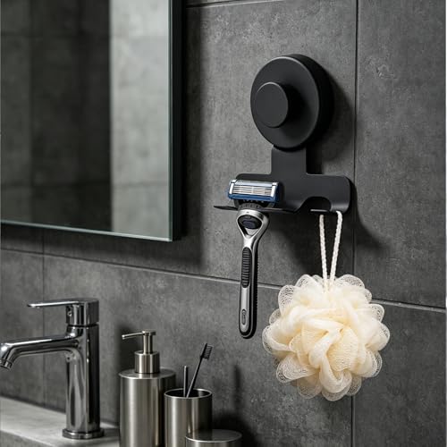 Shower Suction Razor Holder, Stainless Steel No-Drill Bathroom Hook | Reusable, Waterproof & Rustproof, Holds Up to 15 lbs – Fits Razors, Towels, Loofahs, Glass Doors & Tiles, Black 2-Pack - color: Black