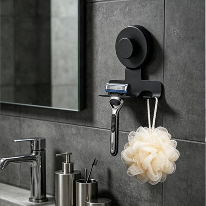 Shower Suction Razor Holder, Stainless Steel No-Drill Bathroom Hook | Reusable, Waterproof & Rustproof, Holds Up to 15 lbs – Fits Razors, Towels, Loofahs, Glass Doors & Tiles, Black 2-Pack - color: Black