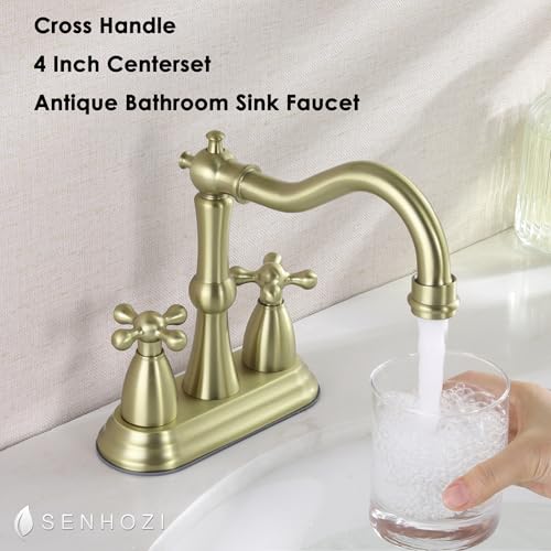Antique Bathroom Faucet Brushed Gold, Senhozi Cross Handles Centerset Bathroom Faucet for Sink 3 Hole with Overflow Pop Up Drain Assembly and Supply Hose, SUS304 RV Bathroom Faucet 3 Hole, SE-0038-BG - color: Brushed Gold
