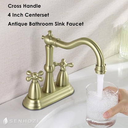Antique Bathroom Faucet Brushed Gold, Senhozi Cross Handles Centerset Bathroom Faucet for Sink 3 Hole with Overflow Pop Up Drain Assembly and Supply Hose, SUS304 RV Bathroom Faucet 3 Hole, SE-0038-BG - color: Brushed Gold