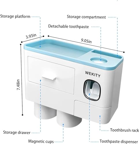 Multifunctional Wall-Mounted Toothbrush Holder, Automatic Toothpaste Dispenser Space Saving Toothbrush and Toothpaste Holder, with 2 Cup and Drawers Cosmetic Organizer (Blue) - color: Blue