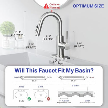 Bathroom Faucet with Sprayer, Brushed Nickel Single Hole with Pop-Up Drain | Kablle Single Handle Pull Out 1 or 3 Hole Laundry Bar Basin Faucet with Deck Plate, KBL-7002BN-CL - color: Brushed Nickel