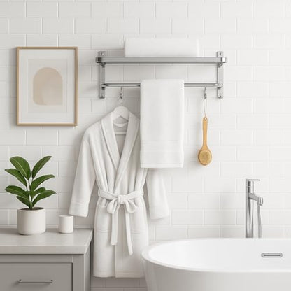 Crome Finished Foldable Towel Rack with Hooks – Wall Mounted Stainless Steel Double dacker Bathroom Shelf for Towels, Bathrobes & Storage | Rust-Resistant, Space-Saving Design for Modern Bathrooms - color: Crome Finish