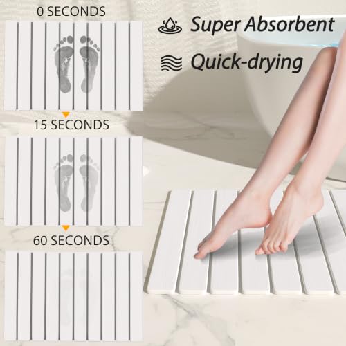 Foldable Stone Bath Mat 60x39cm | Quick-Dry Diatomaceous Earth Bath Rug with PVC Anti-Slip Base | Bathroom, Kitchen, Pet-Friendly Water Absorbent Mat - color: White