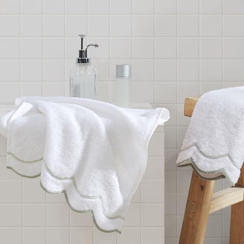 Peri Home 100% Cotton Hand Towel for Bathroom, Embroidered, Soft & Absorbent, 500 GSM, 1 Piece, 16" x 27", White with Sage Scallop | Bathroom, Embroidered, Soft & Absorbent - color: White With Sage Scallop, size: 1 Hand Towel