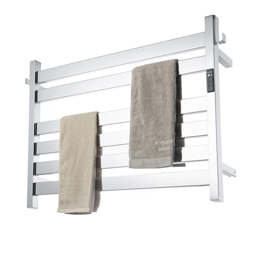K&KALONZO Towel Warmer for Bathroom, Wall-Mounted 6-Bar Heated Towel Rack with Built-in Timer, Waterproof Electric Towel Heater, Support Plug-in and Hardwired, Polished, EL18M