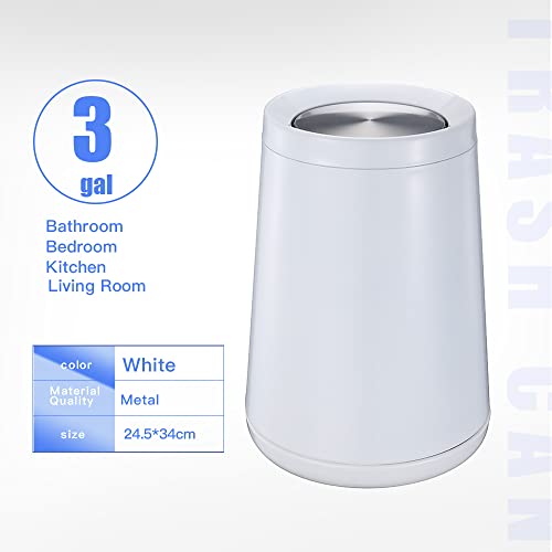Household Swing White Bathroom Trash Can，Brushed Stainless Steel，10 L/3 Gallen，Garbage Can with Flipping Lid， for Indoor or Commercial Use, Kitchen,Modern，Living Room,Bedroom