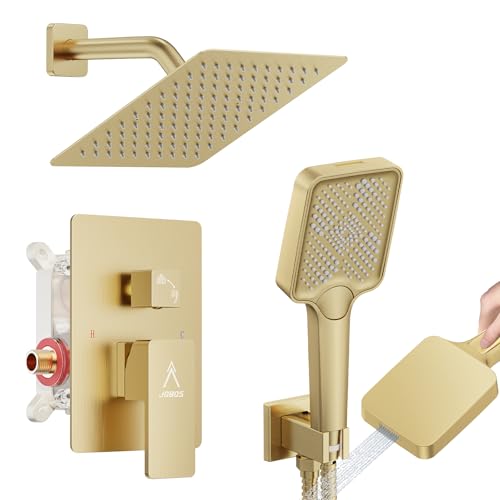 Shower System Modern Rain 8 inches Brass Faucet Set With Valve and Diverter Shower Mixer With Handheld High Pressure Square Rainfall Shower Valve (8'' Wall Mount, Brushed Gold) - color: Brushed Gold, style: 8'' Wall Mount