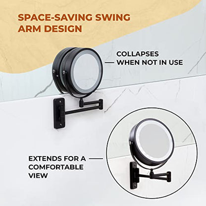 Wall Mounted Lighted Makeup Mirror - Swing Arm Vanity Mirror with Lights and 10X Magnification for Bathroom - Includes Rechargeable LED Cable and Instruction Manual