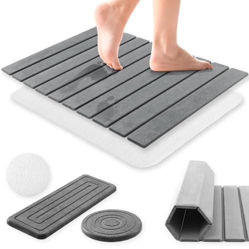 Aertiavty Stone Bath Mat Foldable, 23x15 Inch Bath Mat Stone Bathmat Quick Dry for Bathroom Kitchen Counter, Diatomaceous Earth Bathroom Mats for Water Absorbing Diatomite Self Drying Mats Dark Gray - color: Dark Gray