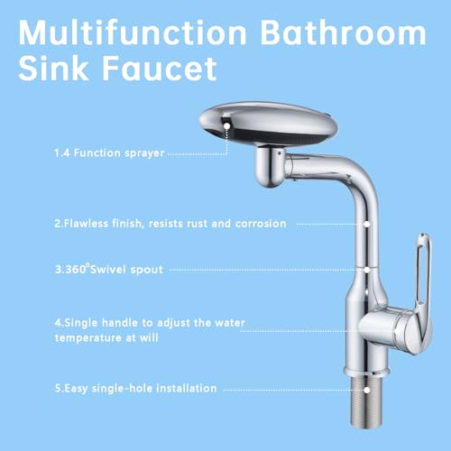 Bathroom Sink Faucet 1 Hole, Chrome Multifunctional Basin Faucet with 4 Water Outlet Modes, Modern 360°Rotatable Bar Tap with Two Water Supply Pipes - color: Chrome