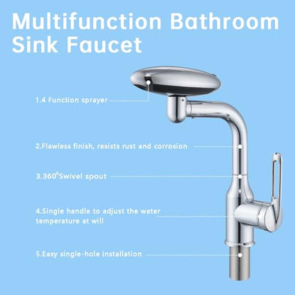 Bathroom Sink Faucet 1 Hole, Chrome Multifunctional Basin Faucet with 4 Water Outlet Modes, Modern 360°Rotatable Bar Tap with Two Water Supply Pipes - color: Chrome