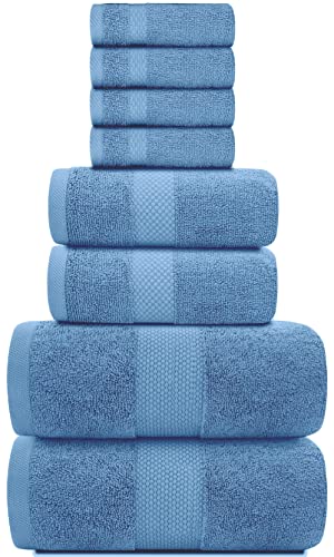 White Classic Luxury Bath Towel Set of 8 Pieces - 100% Turkish Cotton Highly Absorbent Towels for Bathroom, 2 Luxury Bath Towels 700GSM, 2 Hand Towels, 4 Washcloths, Light Blue - color: 14: Light Blue