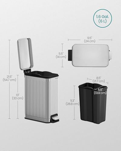 SONGMICS Bathroom Trash Can, 1.6-Gallon (6 L) Trash Bin with Lid, Slim for Small Spaces, Stainless Steel Garbage Can, Soft Close, Silver ULTB563E01 - color: Silver, style: 1.6 Gal. & fluted design