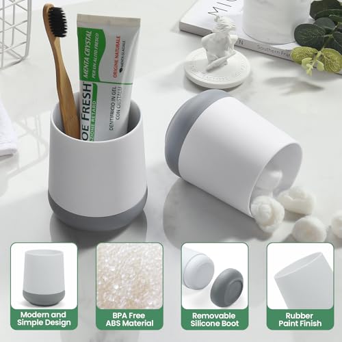White Toothbrush Holders for bathrooms with Silicon Boot, Modern Tooth Brushing and Toothpaste Holder Cup for Bathroom Organizer (White) - color: White