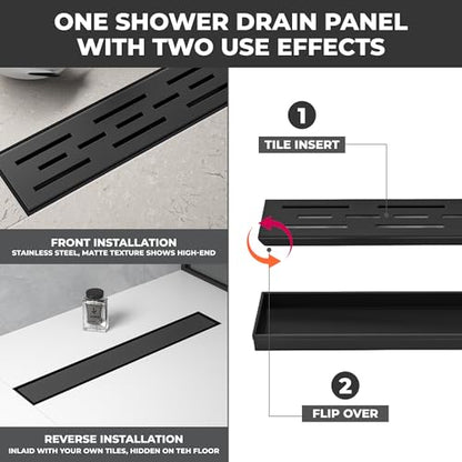 24 Inch Linear Shower Drain - Removable Brick Pattern Grate | 304 Stainless Steel Rectangular Floor Drain Set with Hair Catcher, Adjustable Leveling Feet & Adapter - color: Matte Black With Grate, size: 24 Inch