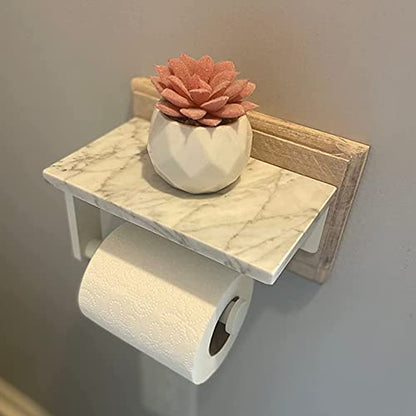 Gypie Toilet Paper Holder with Marble Shelf, Wall Mounted White | Stainless Steel, Tissue Roll Paper Holder Dispenser for Bathroom Washroom - color: White