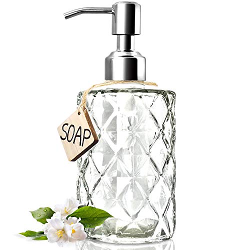JASAI Diamond Design 12 Oz Glass Soap Dispenser with Rust Proof Pump | Kitchen Soap Dispenser with 304 Stainless Steel Pump, Bathroom Soap Dispenser for Hand Soap, Dish Soap, liquid Soap(Clear) - color: Clearglass-silver Pump, style: Diamond