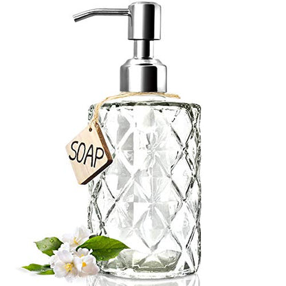 JASAI Diamond Design 12 Oz Glass Soap Dispenser with Rust Proof Pump | Kitchen Soap Dispenser with 304 Stainless Steel Pump, Bathroom Soap Dispenser for Hand Soap, Dish Soap, liquid Soap(Clear) - color: Clearglass-silver Pump, style: Diamond