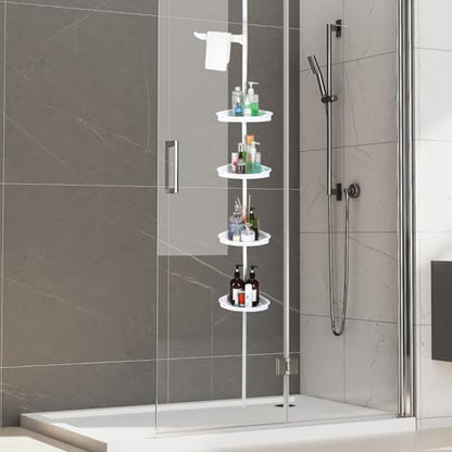 Corner Shower Caddy Tension Pole, 101.6''-122'', 4 Tier Shower Shelf, Rust Proof No Drilling Bathroom Organizer with Adjustable Trays, Plastic Bathtub Shelves Shamboo Holder, White