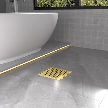 4 Inch Brushed Gold Square Shower Drain with Removable Grate | AISI 304 Stainless Steel Shower Drain, Shower Floor Drain with Hair Catcher & ABS Flange, Fits Bathroom & Balcony etc - color: Brushed Gold, size: 4 in