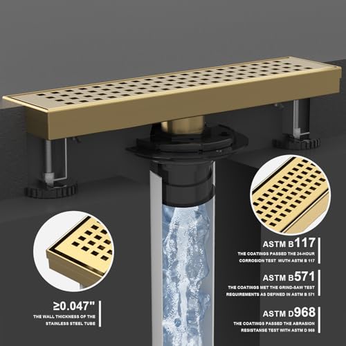 12 Inch Linear Shower Drain - Brushed Gold, with Removable Grate | AISI 304 Stainless Steel Shower Drain, Long Rectangle Shower Floor Drain with Adjustable Feet, Fits Bathroom & Balcony etc - color: Brushed Gold, size: 12 in