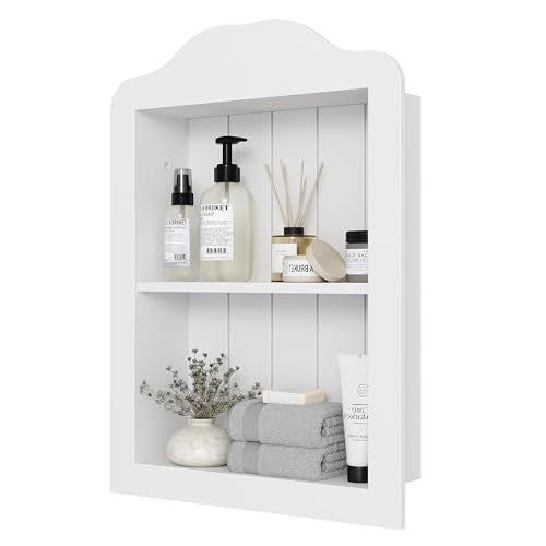 CJL 14'' x 18'' Recessed Medicine Cabinet, Solid Wood in-Wall Bathroom Cabinet, Arched Wall Niche Shelf, 2-Tier, White - color: White, size: 14"x18.1"x3.75"