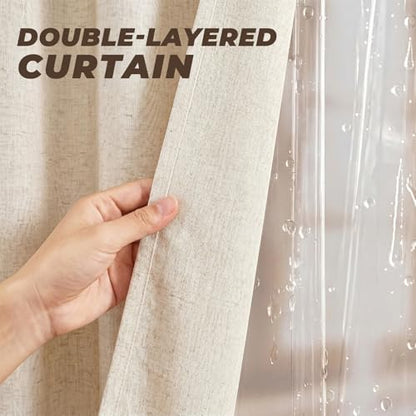 3 in 1 Linen Shower Curtain with Liner and 12 Double Glide Hooks 72 x 72 | Thick linen-poly blend, detachable waterproof liner, smooth-glide hardware, textured boho finish for a complete setup