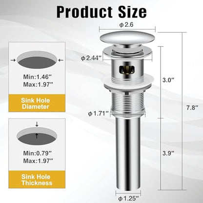 ZM Pop Up Drain Stopper with Overflow for Bathroom Faucet Vessel or Vanity Sink, Chrome Finish… - style: Chrome With Overflow