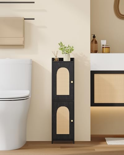 Hzuaneri Bathroom Storage Cabinet, Small Corner Floor Cabinet with 2 Doors | Narrow Toilet Paper Cabinets with Adjustable Shelf, Bathroom Organizer for Small Spaces, 7.9"D x 7.9"W x 29.5"H Rattan Black - color: Rattan Black, size: 7.9"D x 7.9"W x 29.5"H