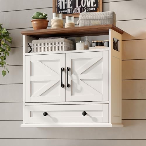 Bathroom Wall Cabinet, 23.6''x23.6'' Farmhouse Wall Mounted Medicine Cabinet with Drawer, 2 Barn Door & Adjustable Shelf, Space Saving Over The Toilet Storage Cabinet for Bathroom, Kitchen, Entryway