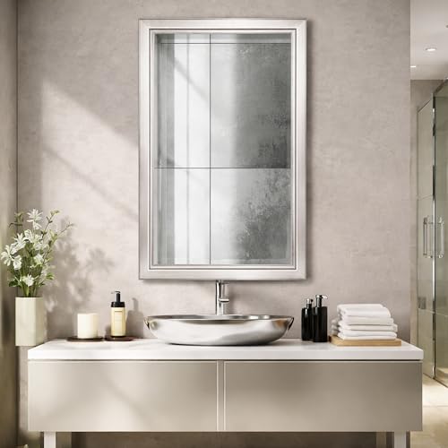 Head West Brushed Nickel with Chrome Recessed Medicine Cabinet Mirror 16"x26"- Stainless Steel Bathroom Mirror with Storage, Beveled Edge, and Adjustable Shelves - Small Medicine Cabinets for Bathroom