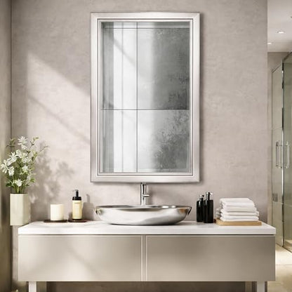Head West Brushed Nickel with Chrome Recessed Medicine Cabinet Mirror 16"x26"- Stainless Steel Bathroom Mirror with Storage, Beveled Edge, and Adjustable Shelves - Small Medicine Cabinets for Bathroom